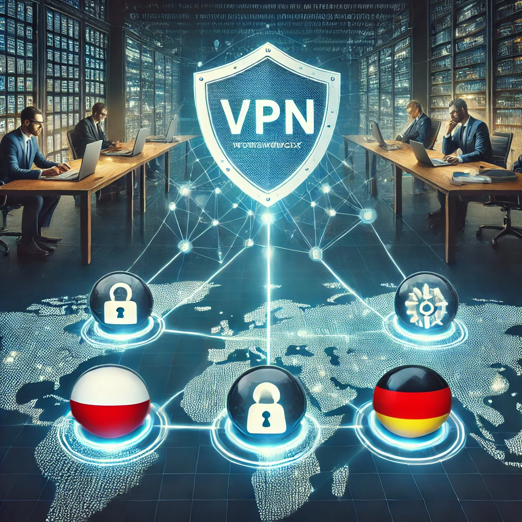 Połączenia VPN przez firmową sieć z Polski do niemieckiej lokalizacji firmy – bezpieczna i szyfrowana komunikacja.