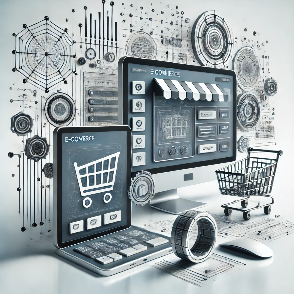 Nowoczesna koncepcja e-commerce – interfejs sklepu internetowego wyświetlany na komputerze, tablecie i smartfonie, symbolizujący elastyczność i wydajność struktury.
